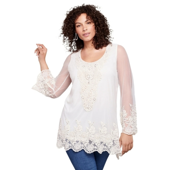 Roaman's Embellished Mesh Overlay Tunic Top Size 22W Ivory Lace Pearl Sheer - Picture 2 of 16